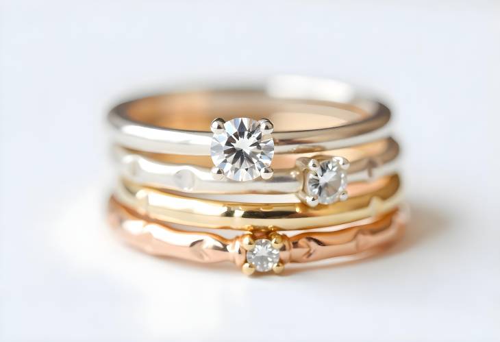 Gorgeous Stack of Diamond Rings on White Background